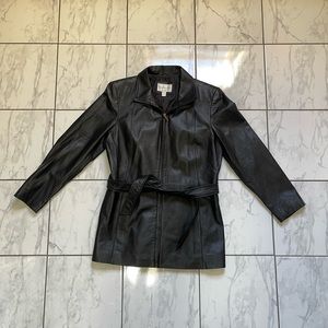 Worthington Black Leather Full Zip Self-Tie Waist Belt Y2K Jacket Women’s L